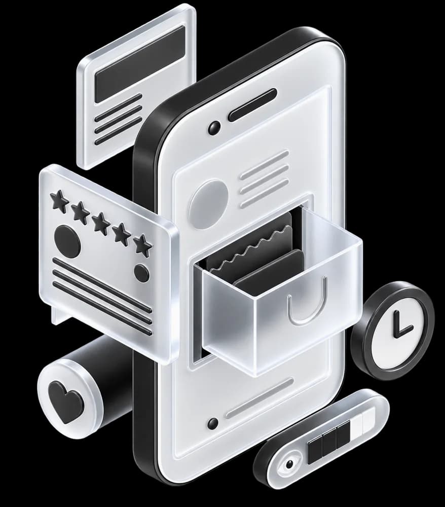A phone with an open drawer and interface elements floating around it