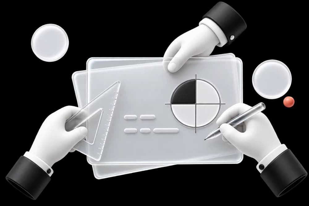 Hands constructing a mark with a set square, pen and quadrant grid