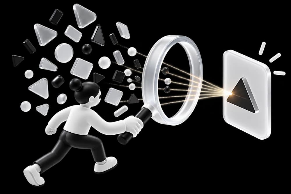 A person holding a magnifier that focuses scattered shapes into one clear triangle